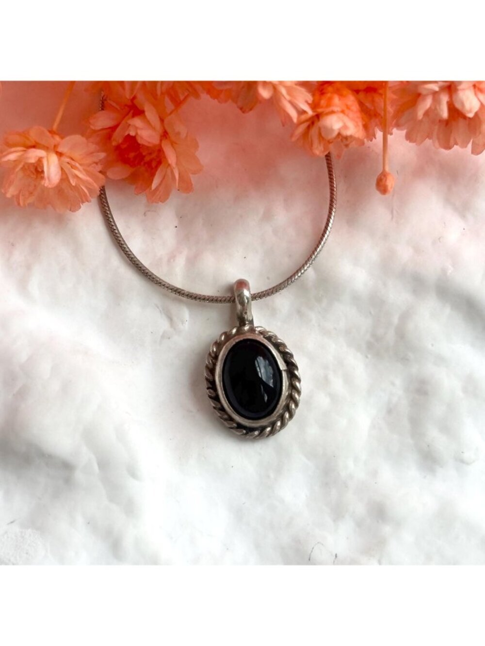 Art Deco Black Onyx Rope Sterling Silver 925 Oval Vintage Pendant Necklace - 16" - Picture 12 of 16